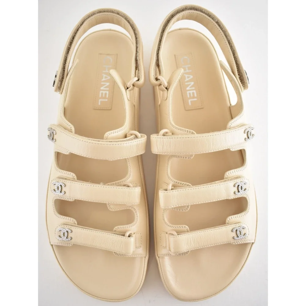 Chanel 24S Beige Leather Triple Strap CC Logo Mule Slide Teva Dad Sandal Flat 41